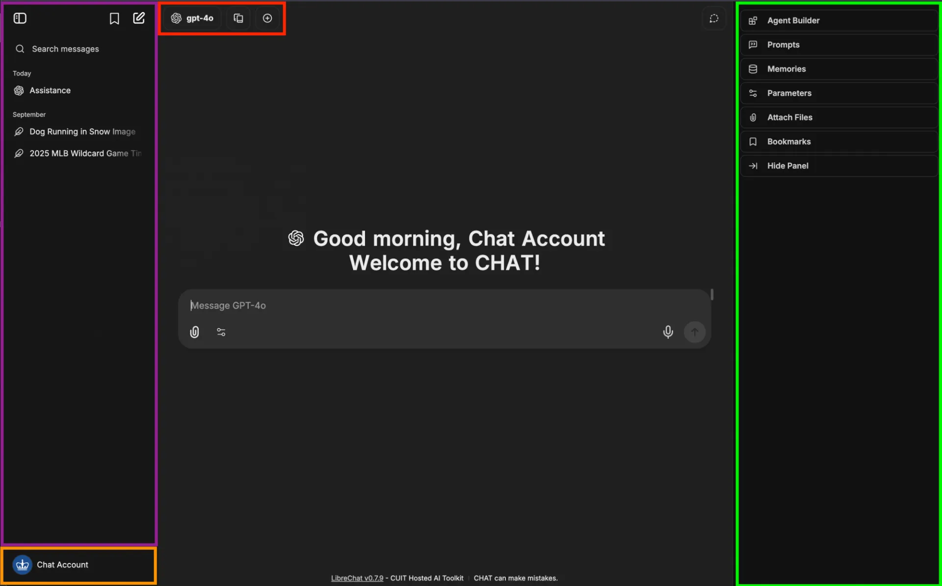 CHAT User interface with sections marked off